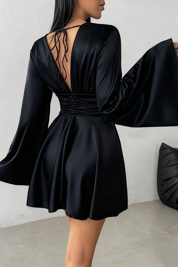 Solid Color V-neck Flared Long Sleeves Slim-fit Elegant Mini Dress
