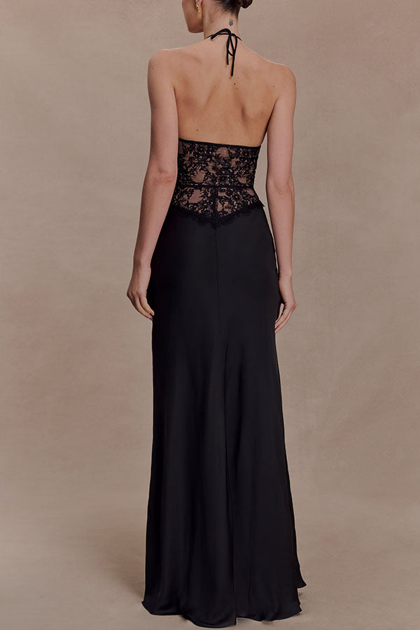 Timeless Silhouette Lace and Satin Halter Backless Drape Maxi Dresset