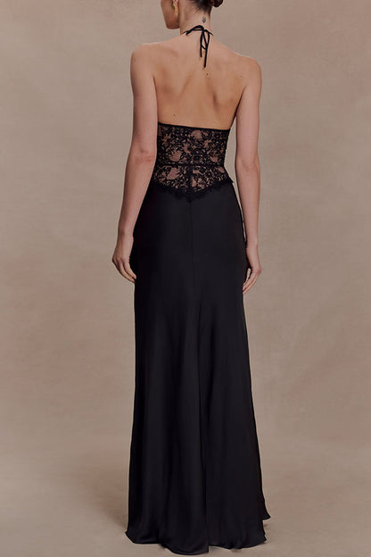 Timeless Silhouette Lace and Satin Halter Backless Drape Maxi Dresset