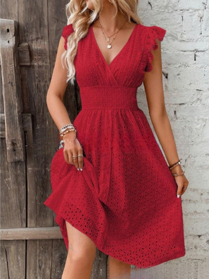 7 Colors Lace Flutter Sleeve V-neck Midi Dress