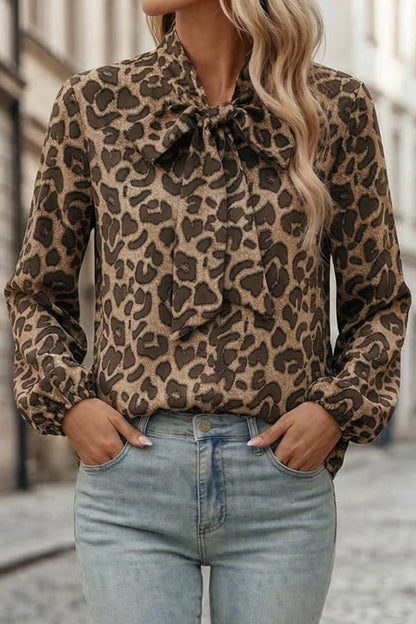 Leopard Print Bow Collar Long-sleeved Loose Shirt