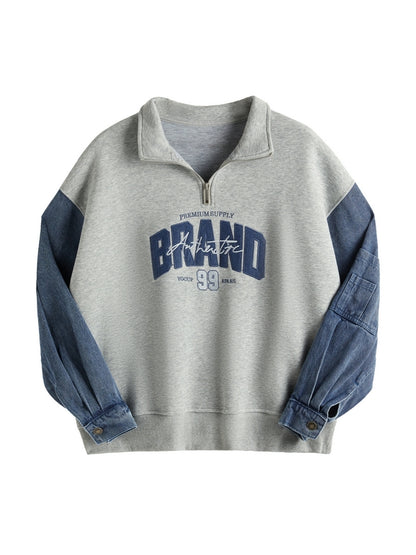 Denim Splice Letter Print Lapel Neck Oversized Hoodie