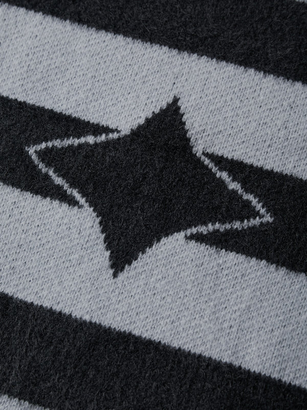 Plush Stripe Print V Neck Star Embellished Sweater