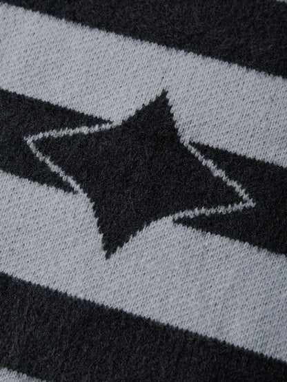 Plush Stripe Print V Neck Star Embellished Sweater