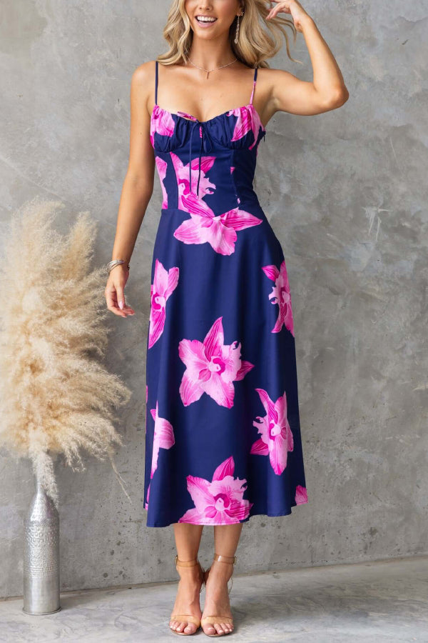 Floral Print Spaghetti Strap Backless Tie-up Elegant Slim-fit Midi Dress