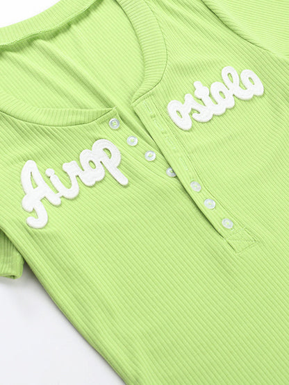 V Neck Letter Print Short Sleeve Knits