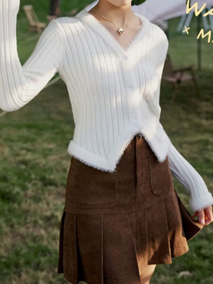 Solid V Neck Fuzzy Trim Slim Ribbed Knit Cardigan