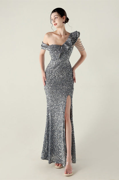 Draped One Shoulder Ruffle Formal Dress