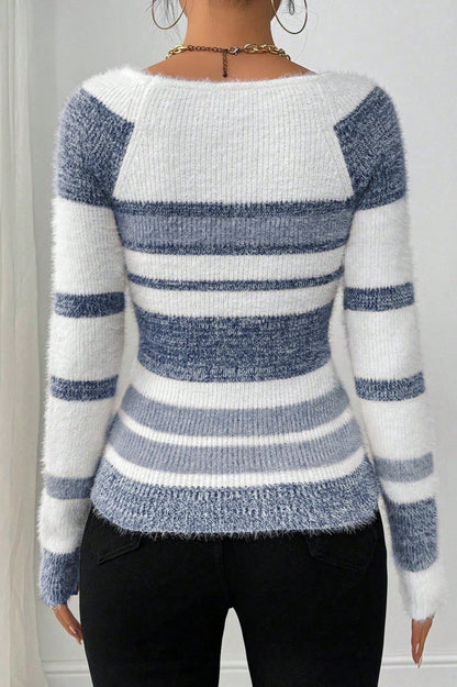 Fitted Square Neck Color Block Sweater