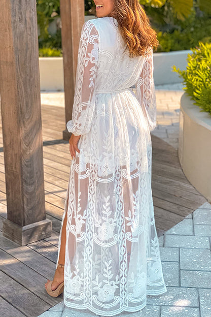 OFF WHITE LACE MAXI DRESS WITH BELT