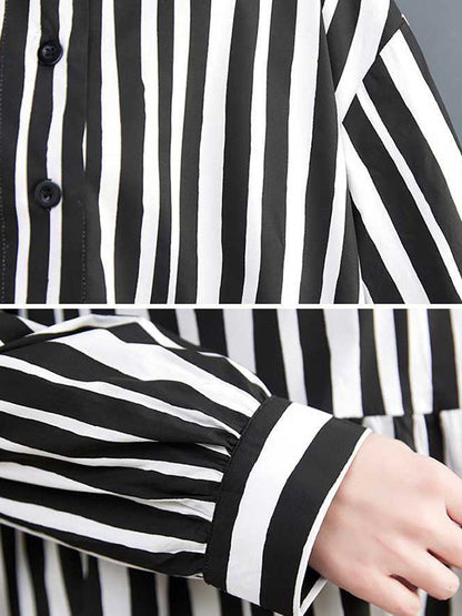 Long Sleeves Loose Buttoned Split-Joint Striped Mock Neck Midi Dresses