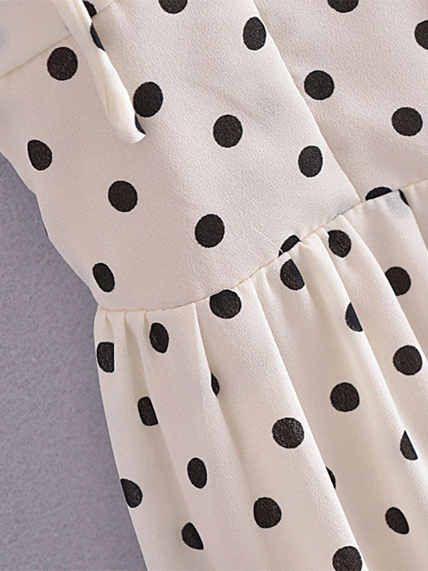 Summer Midi Dress White Straps Neck Pleated Polka Dot Beach Dress