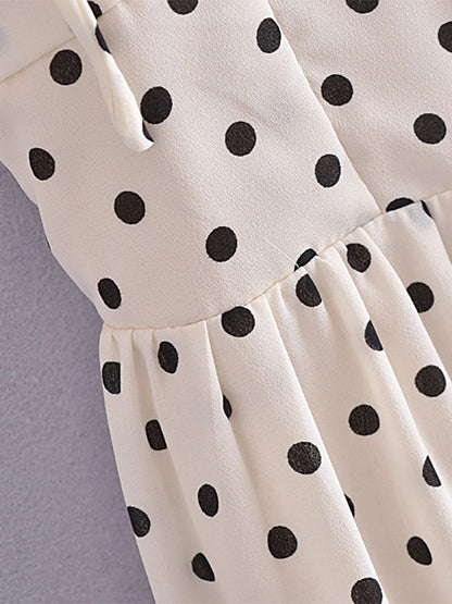 Summer Midi Dress White Straps Neck Pleated Polka Dot Beach Dress