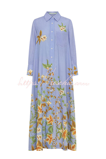 Opera Unique Floral Print Long Sleeve Pocket A-line Shirt Maxi Dress
