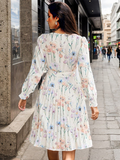 Floral Dress Midi Dress Floral Print Long Sleeves V-Neck Chic Irregular Sash Zipper No Open Seam Knee Length Summer