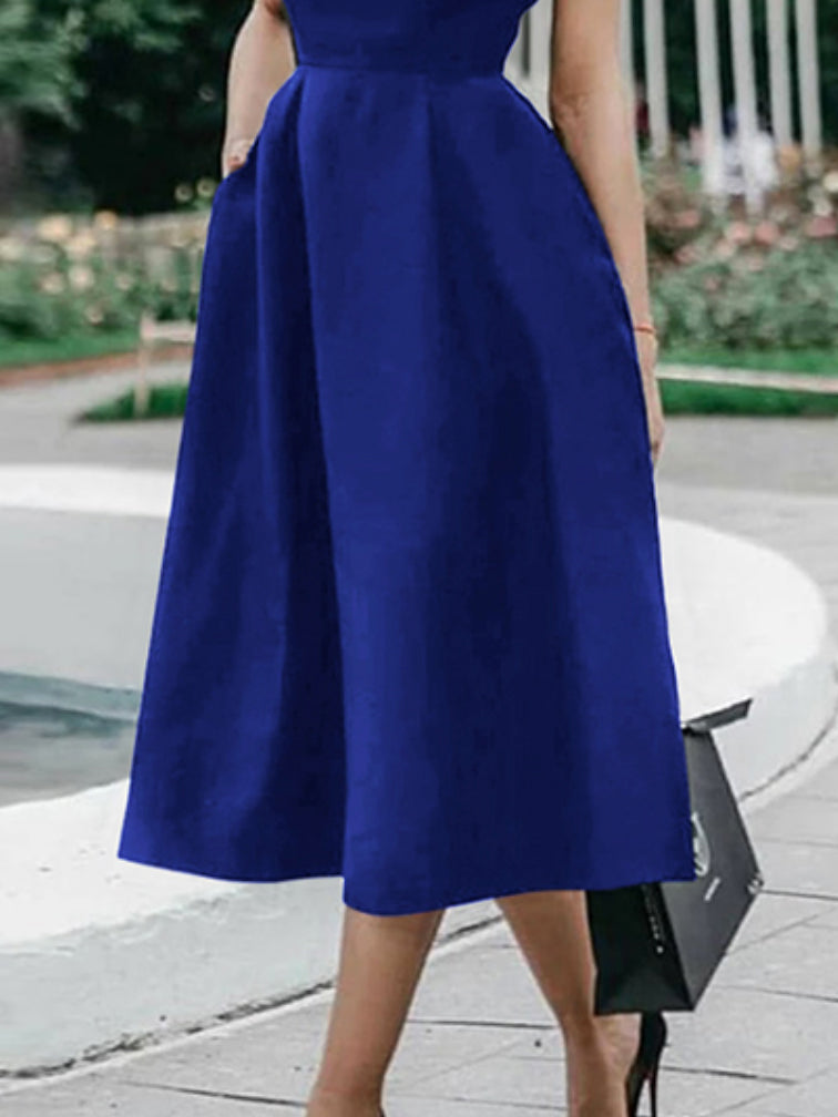 Short Sleeves Solid Color Stand Collar Midi Dresses