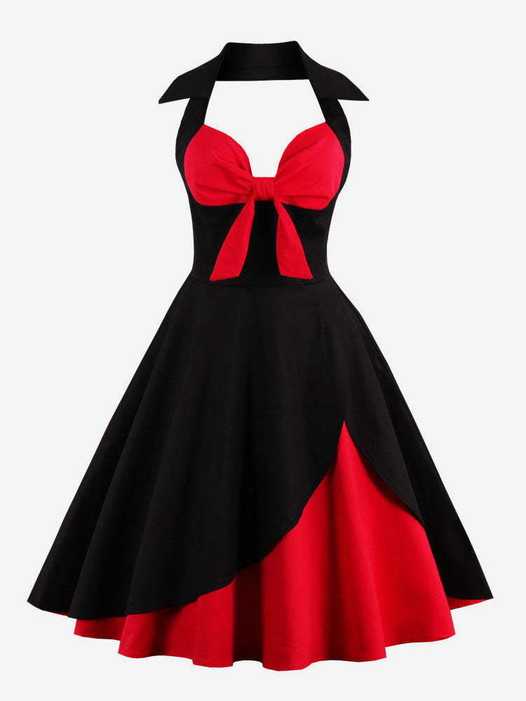 Red And Black Sexy Knot V Neck Halter Party Vintage Dress Women Pin Up Fit And Flare Layered Elegant Midi Dresses
