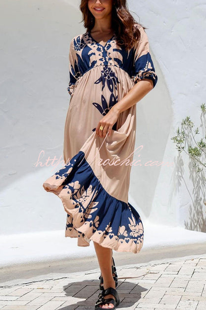 Unique Printed V-neck Loose Resort Style Midi Dress