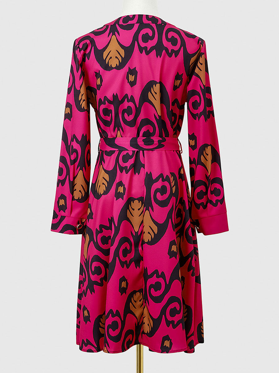 Leopard Print Lace Up Casual V-Neck Long Sleeves Midi Dress