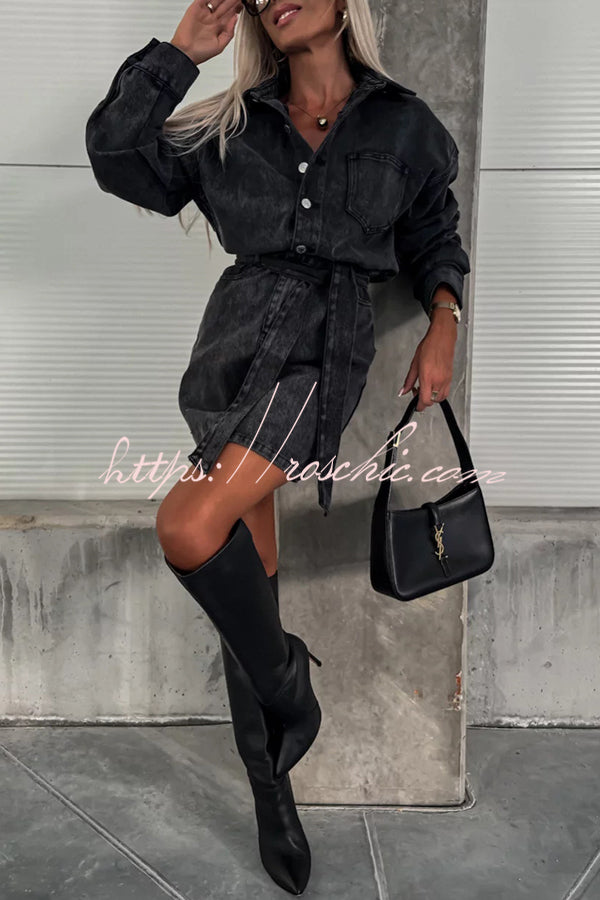 Adele Denim Button Up Belt Pocketed Long Sleeve Mini Dress