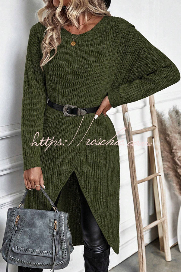 Essence Solid Wrap Hem Knitted Long Sleeve Midi Sweater