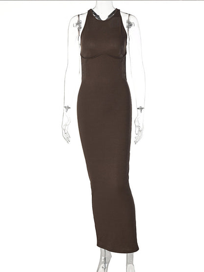 Ribbed Solid Hollow Out Backless Sleeveless Sexy Slit Mini Dress Bodycon 2024 Summer Women Outfits Elegant Party Y2K