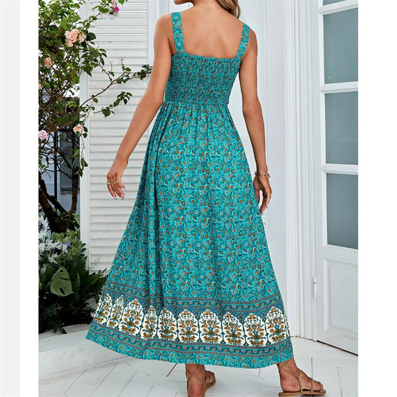 Beach Flower Print Maxi Dress in Apricot Green Navy