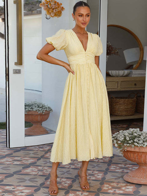 Light Sky Blue Sundress Plunge Puff Sleeves Casual Summer Maxi Dress