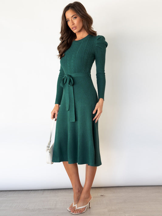 Robin Tie Waist Sweater Midi Dress- Green