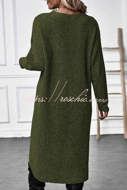 Essence Solid Wrap Hem Knitted Long Sleeve Midi Sweater