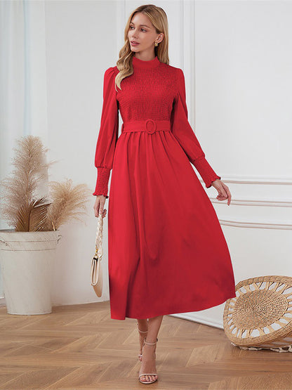 Midi Dress Pleated Polyester Elegant Crewneck Long Sleeves