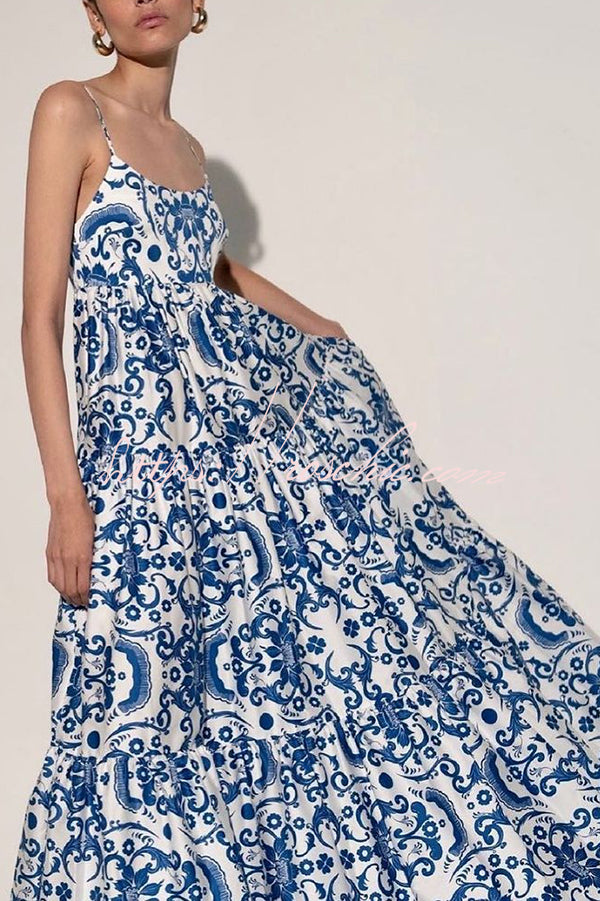Botanical Floral Print Sexy Sling Backless Maxi Dress