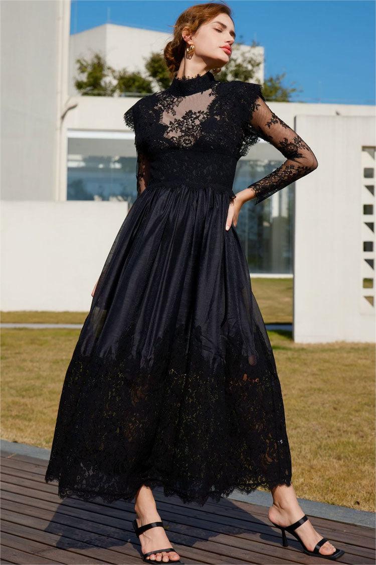 Lace High Neck Long Sleeve Midi Dress