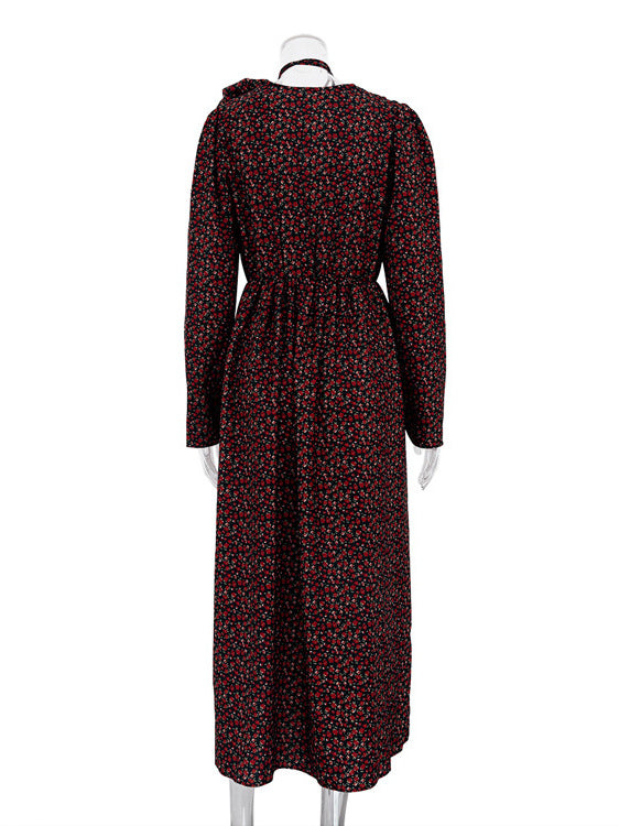 Floral Dress Bloosm Plunge High Slit Long Sleeves Busniess Casual Maxi Dresses
