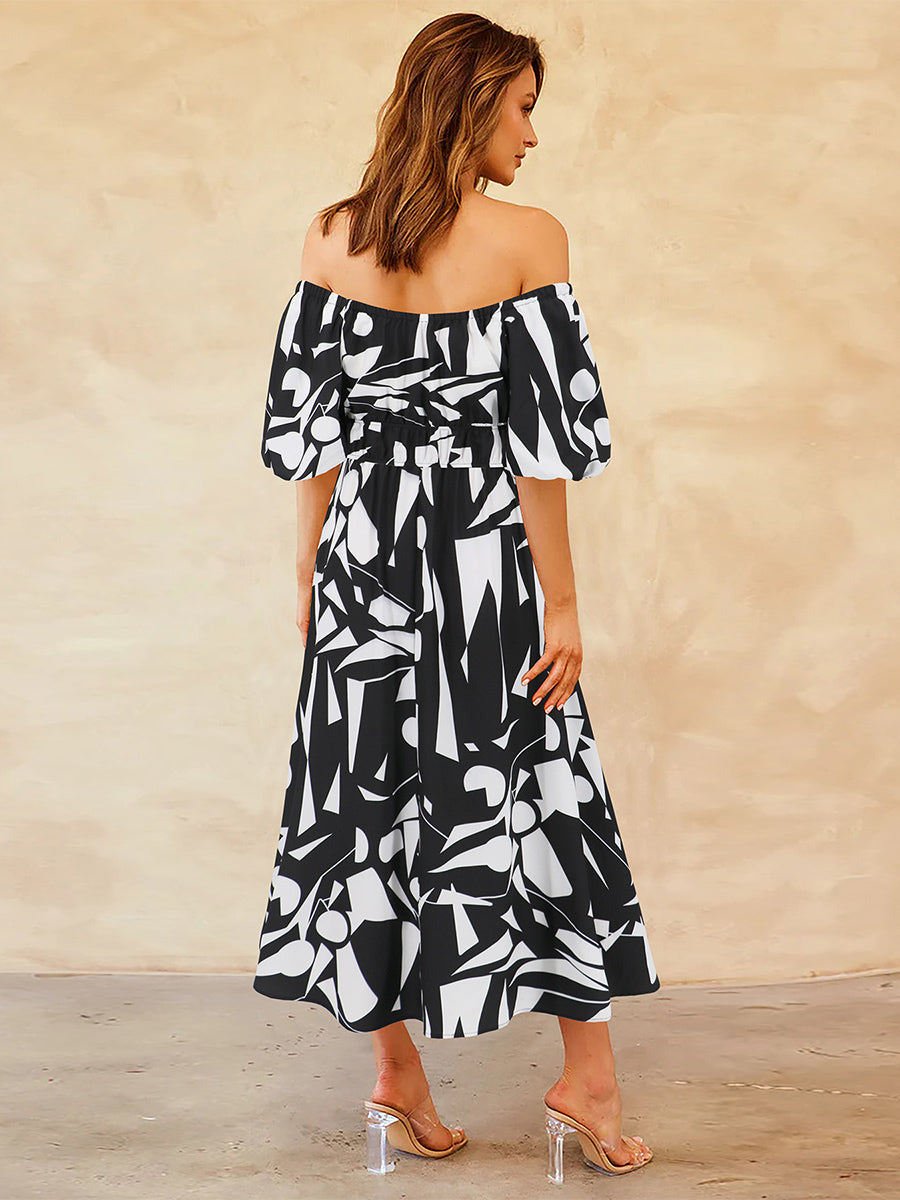 Floral Dress Off The Shoulder Puff Sleeves Casual Summer Midi Dresses