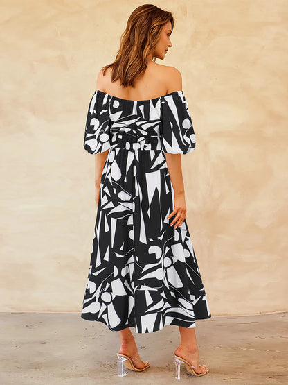 Floral Dress Off The Shoulder Puff Sleeves Casual Summer Midi Dresses