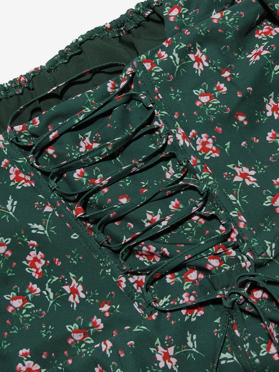 Sweet Sheath Dress Mini Floral Square Neck Long Sleeves Lace-up Mini Dresses