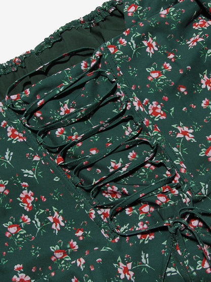 Sweet Sheath Dress Mini Floral Square Neck Long Sleeves Lace-up Mini Dresses