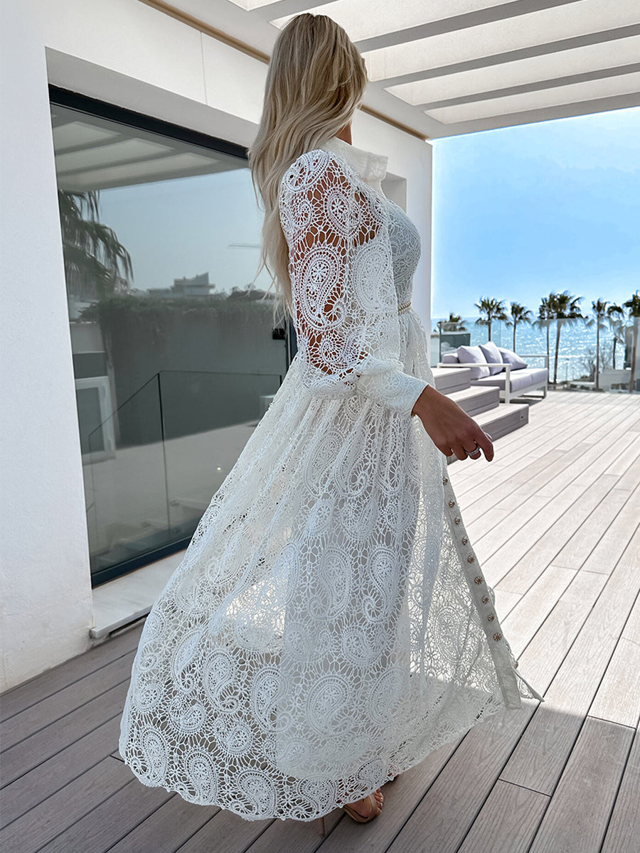 Shirt Dresses Buttons Belted Lantern Sleeves Lace Elgant Maxi Dress