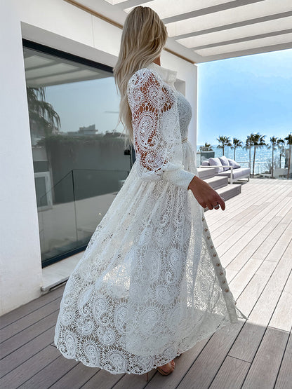 Shirt Dresses Buttons Belted Lantern Sleeves Lace Elgant Maxi Dress