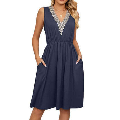 Summer Casual Sleeveless V-Neck Mini Dress with Pockets