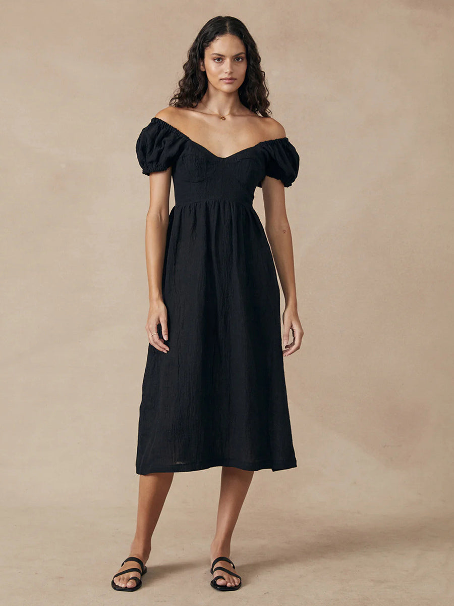 Boho Dress Bateau Neck Short Sleeves Pleated Summer Casual Midi Dresses