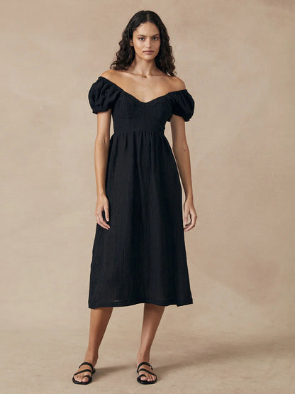 Boho Dress Bateau Neck Short Sleeves Pleated Summer Casual Midi Dresses