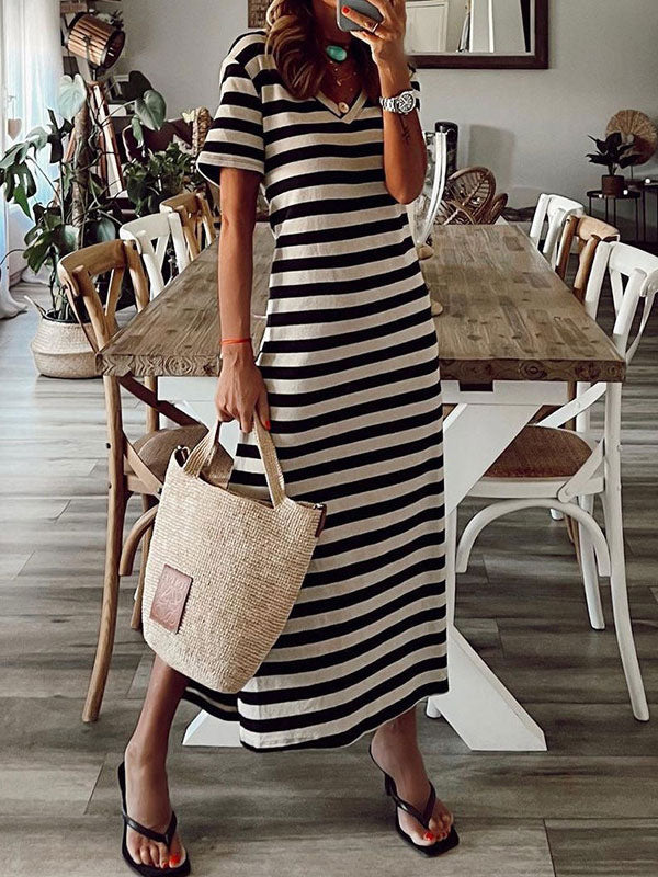 Stripes Low-slit V-Neck Short Sleeves Midi Dress