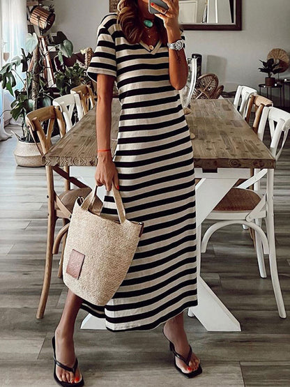 Stripes Low-slit V-Neck Short Sleeves Midi Dress
