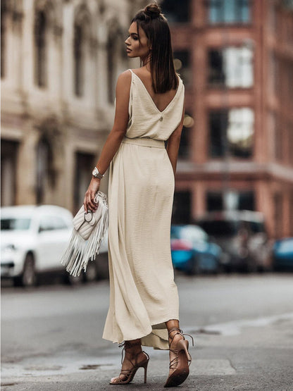 Boho Dress Ruffles V-Neck Belted Sleeveless Summer Casual Maxi Dresses