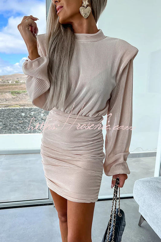 Tolly Padded Shoulder Balloon Sleeve Ruched Ribbed Mini Dress