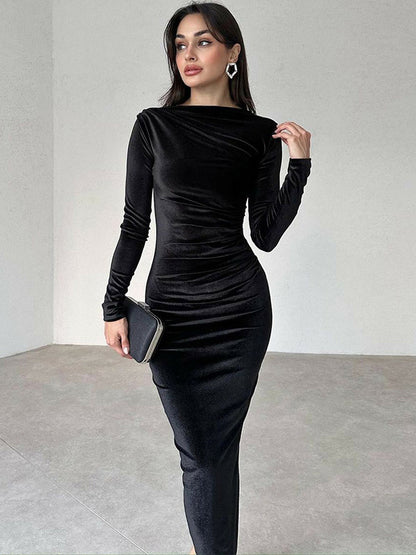 Velvet Dress Black Pleated Dating Long Sleeves Jewel Neck Summer Maxi Dresses
