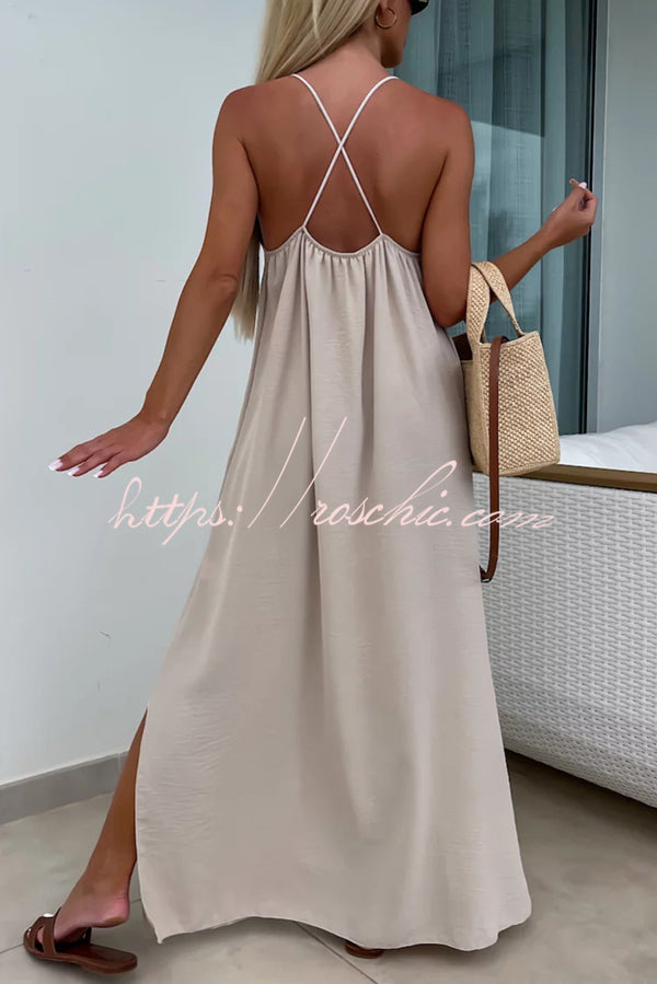 Solid Color Resort Style Spaghetti Strap Backless Maxi Dress