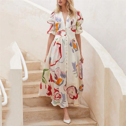 V-Neck Printed Maxi Dress in Blue, Gold, Green, Rose Red, White
